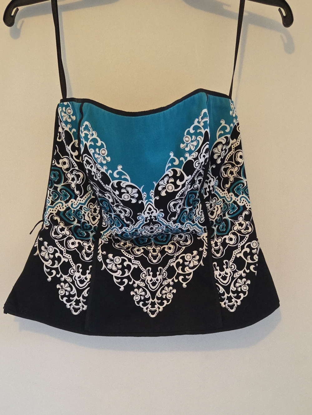 Y2K White House Black Market Women’s Black & Teal Patterned Corset With Zipper